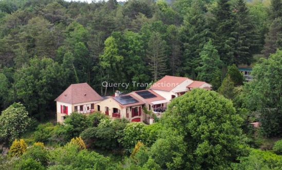 Exclusive! Nestled in a green area on the heights of Montignac with beautiful view, property including a large main house and a guest house on 1,6 ha. Covered swimming pool. Many terraces.